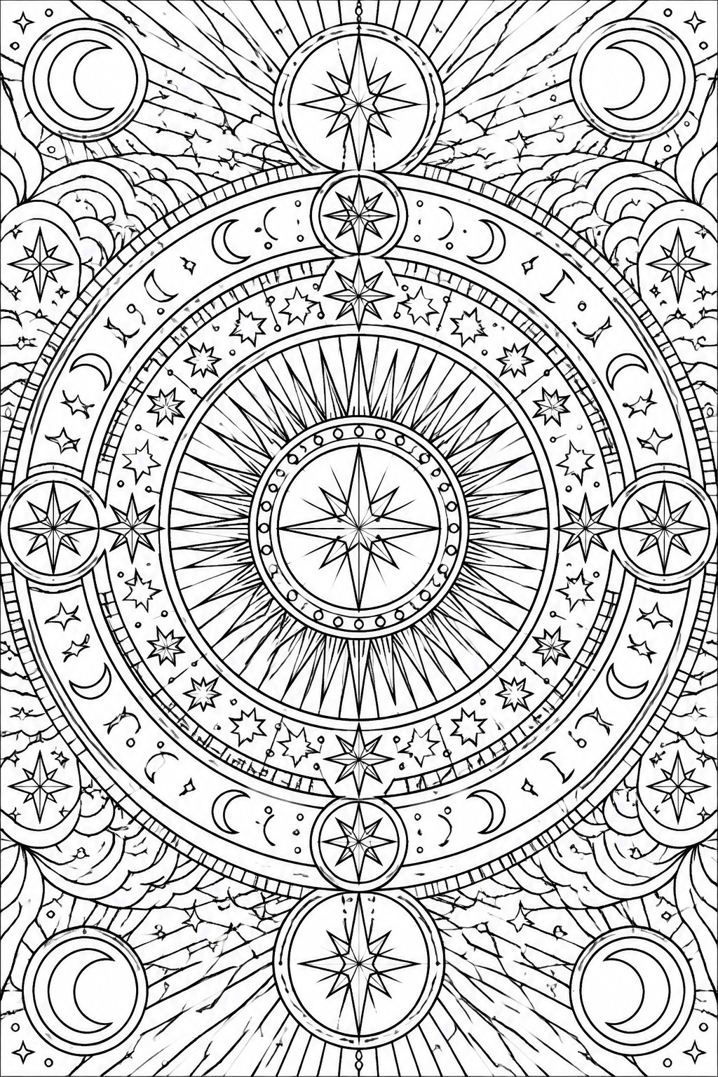 Intricate black-and-white celestial mandala with stars, crescents, and radiating sunbursts.