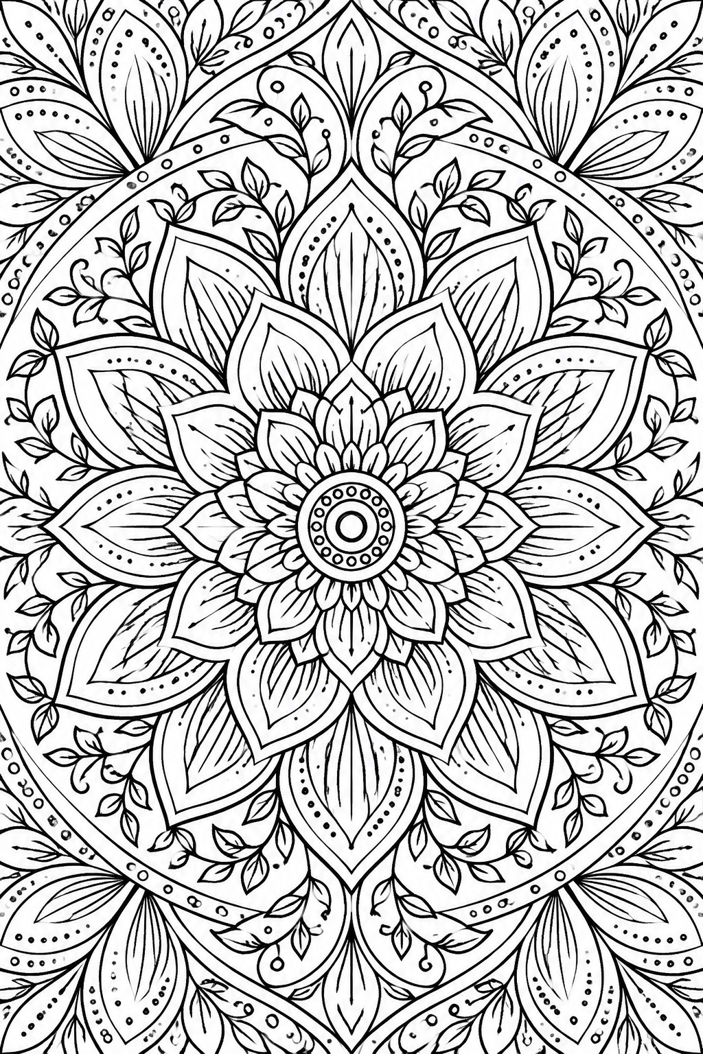 Intricate black-and-white mandala with central lotus flower, petals, and leafy patterns.