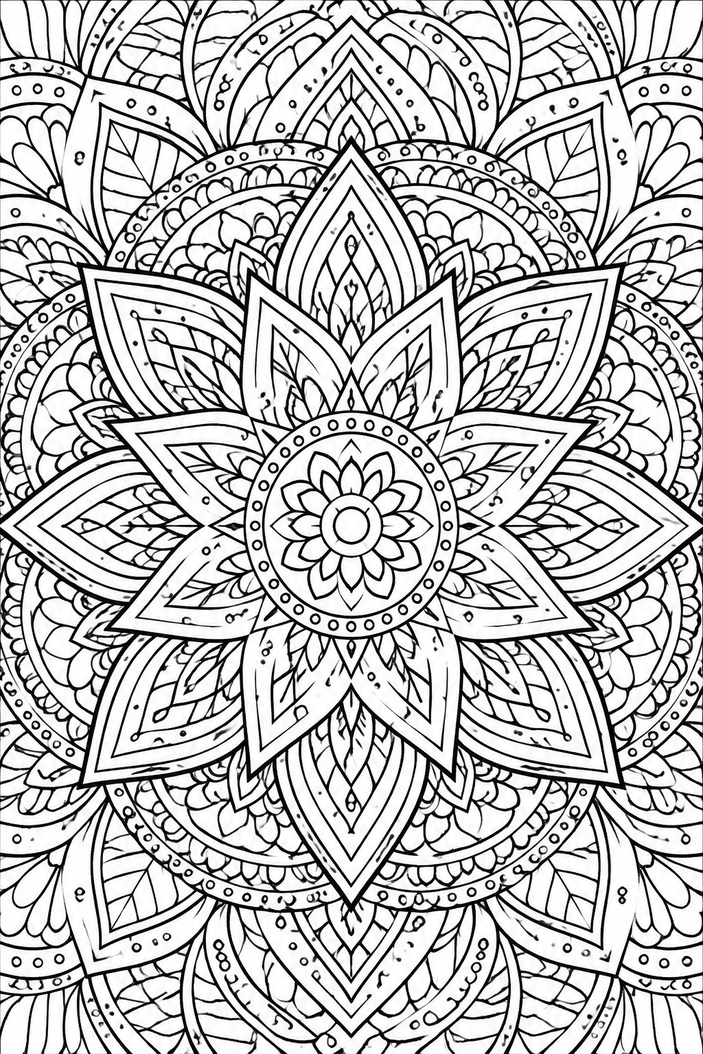 A black and white mandala coloring page with intricate layered patterns and a central flower design.