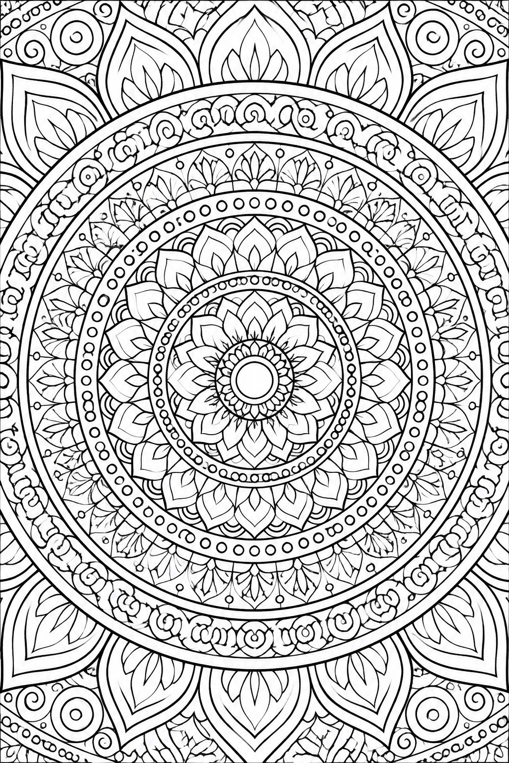 Intricate black-and-white mandala with concentric floral layers, petals, and swirling patterns