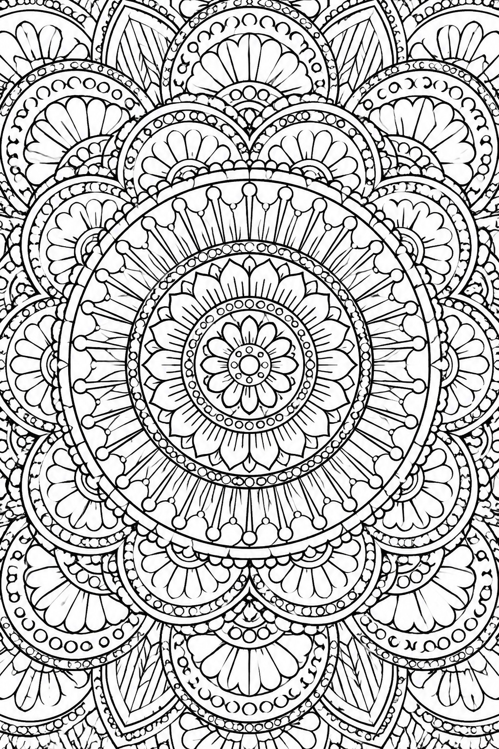 Black and white mandala coloring page with a central flower surrounded by multiple concentric layers of petals, lines, and dots.