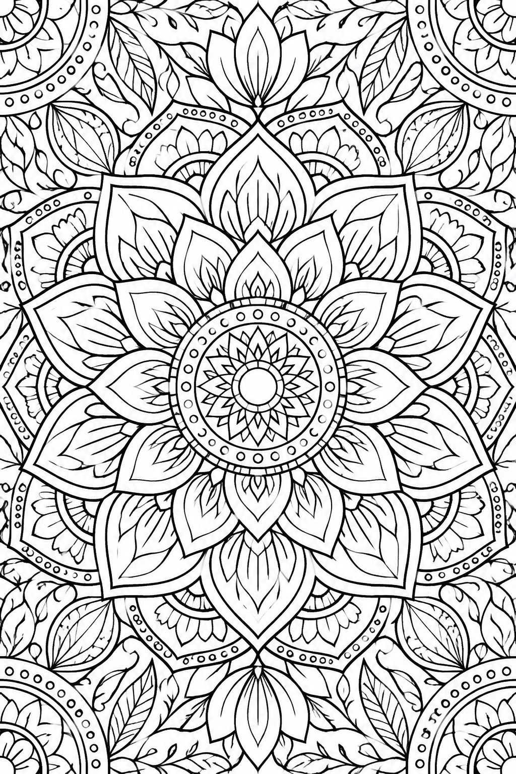 Intricate black-and-white mandala with lotus flowers, leaves, and geometric patterns.