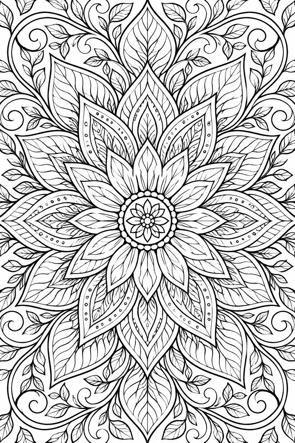 Intricate black-and-white mandala with symmetrical floral leaves and swirling vines