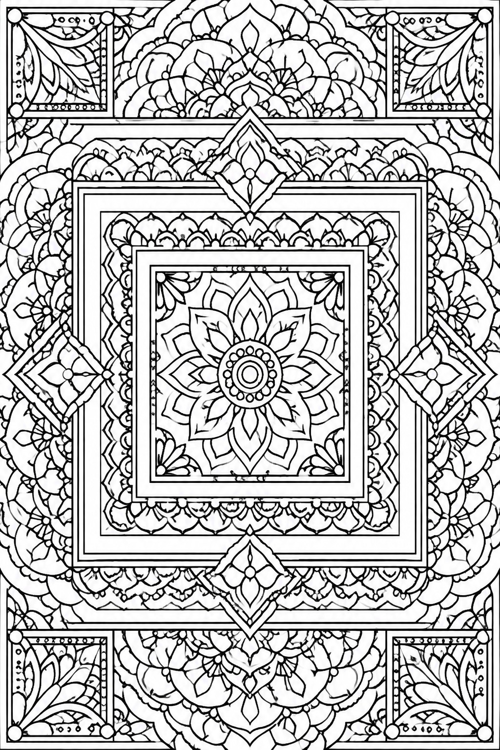 Intricate black-and-white mandala with floral patterns, diamonds, and layered square borders