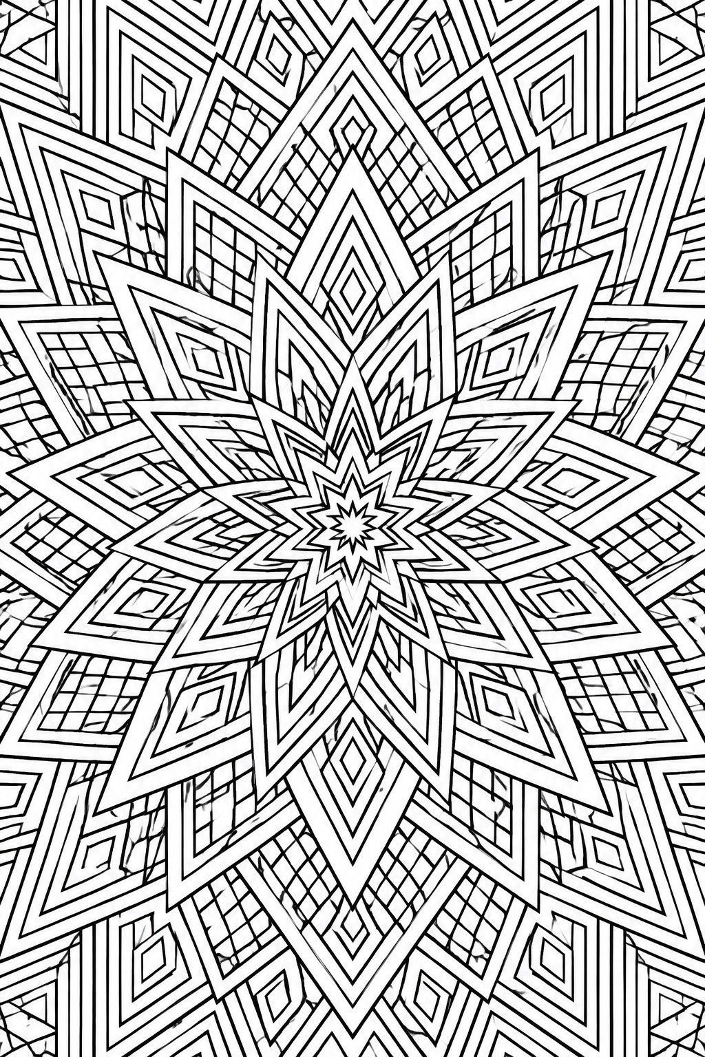 Intricate black and white mandala with central star and layered geometric diamond patterns.