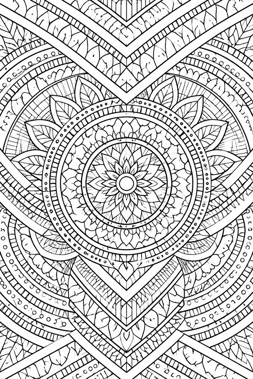 Intricate black-and-white mandala with floral motifs, leaves, and heart shapes.