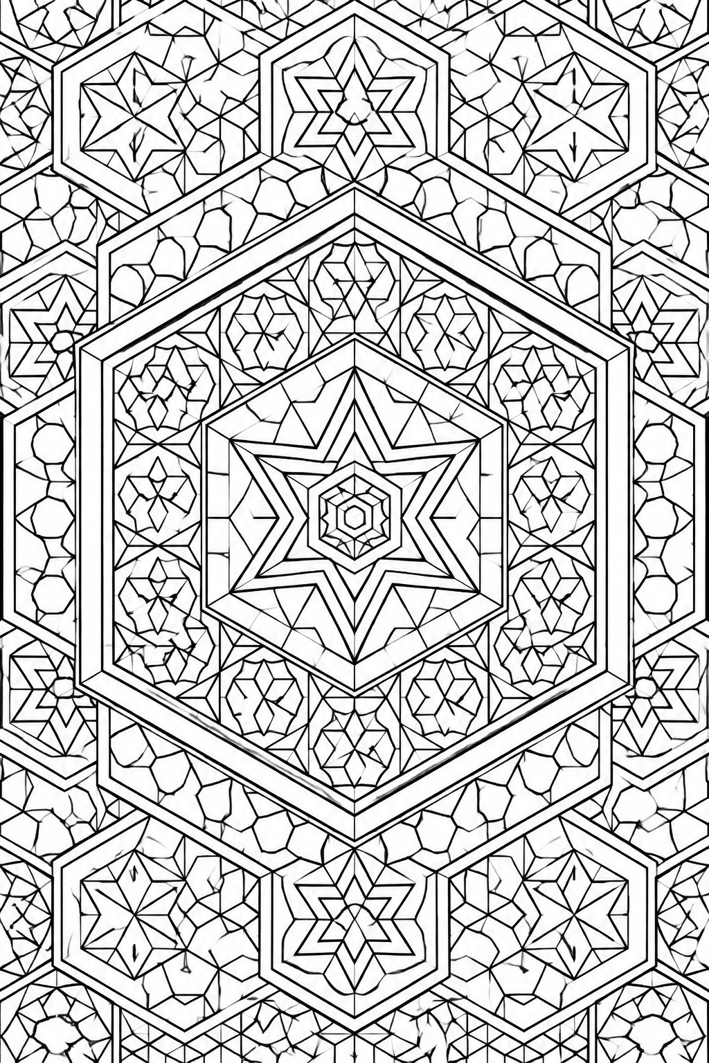 A black and white line drawing of a geometric mandala with a large central star inside concentric hexagons, surrounded by repeating hexagonal frames containing smaller stars and mosaic-style fills.