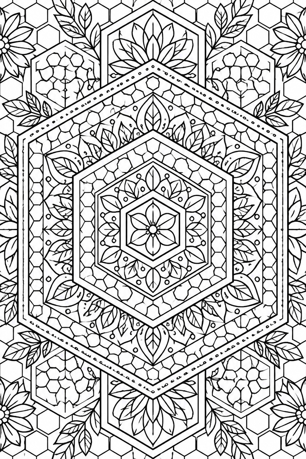 Symmetrical black-and-white mandala with floral motifs, leaves, and hexagonal patterns.