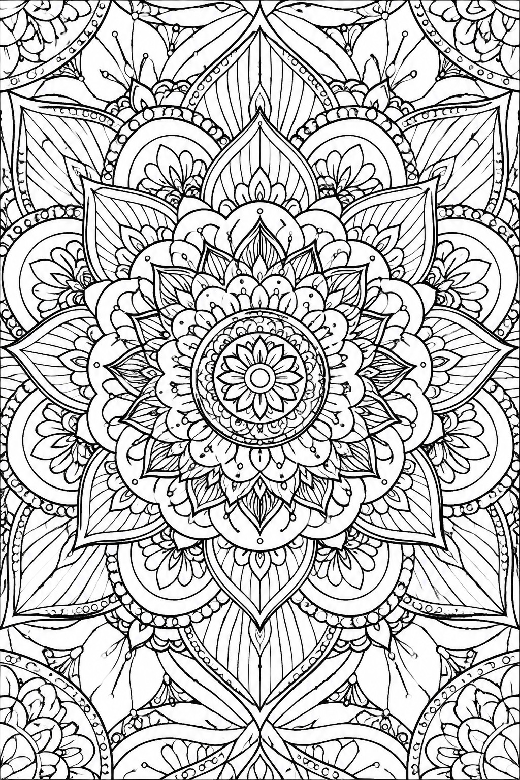 Intricate black-and-white mandala with layered floral petals and geometric patterns.