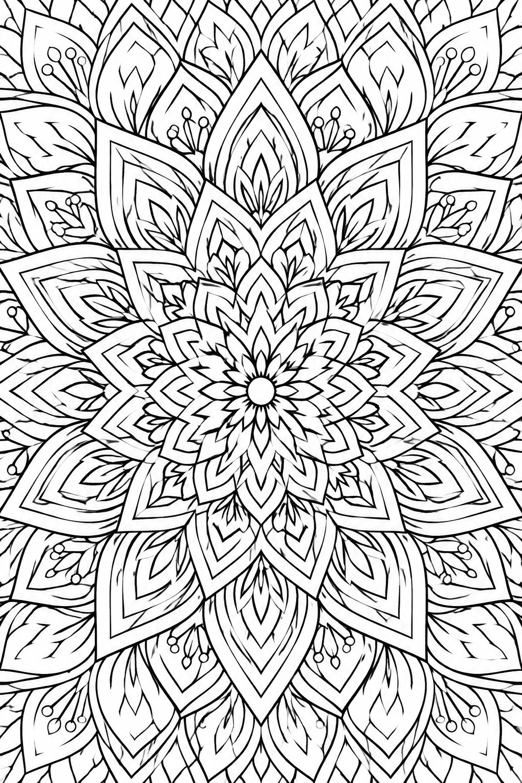 Intricate black-and-white mandala with layered floral petals, leaves, and dotted accents