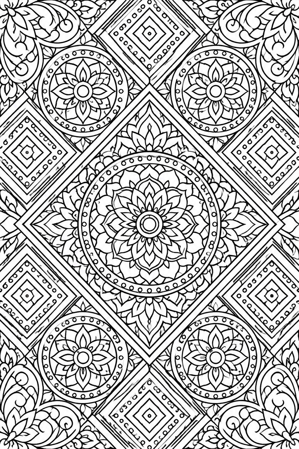 Intricate black-and-white mandala pattern with floral and geometric motifs