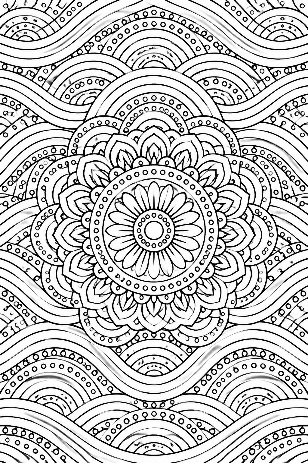 Intricate black-and-white mandala with floral center, layered petals, dots, and wavy borders.