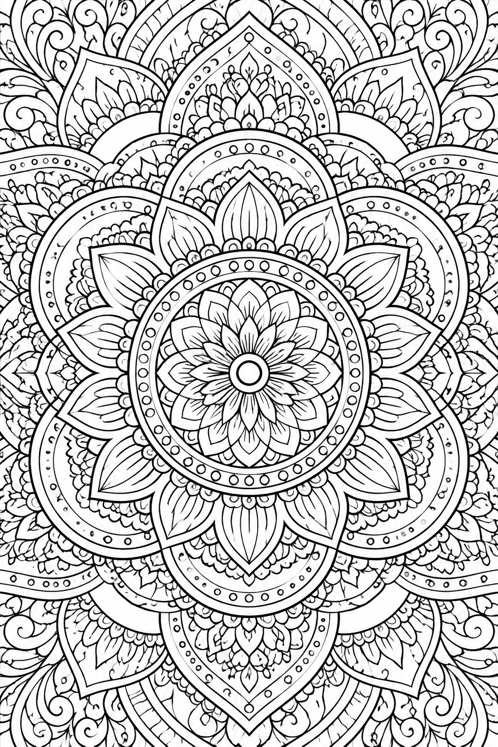 Intricate black-and-white mandala with layered floral petals, dots, and swirls.