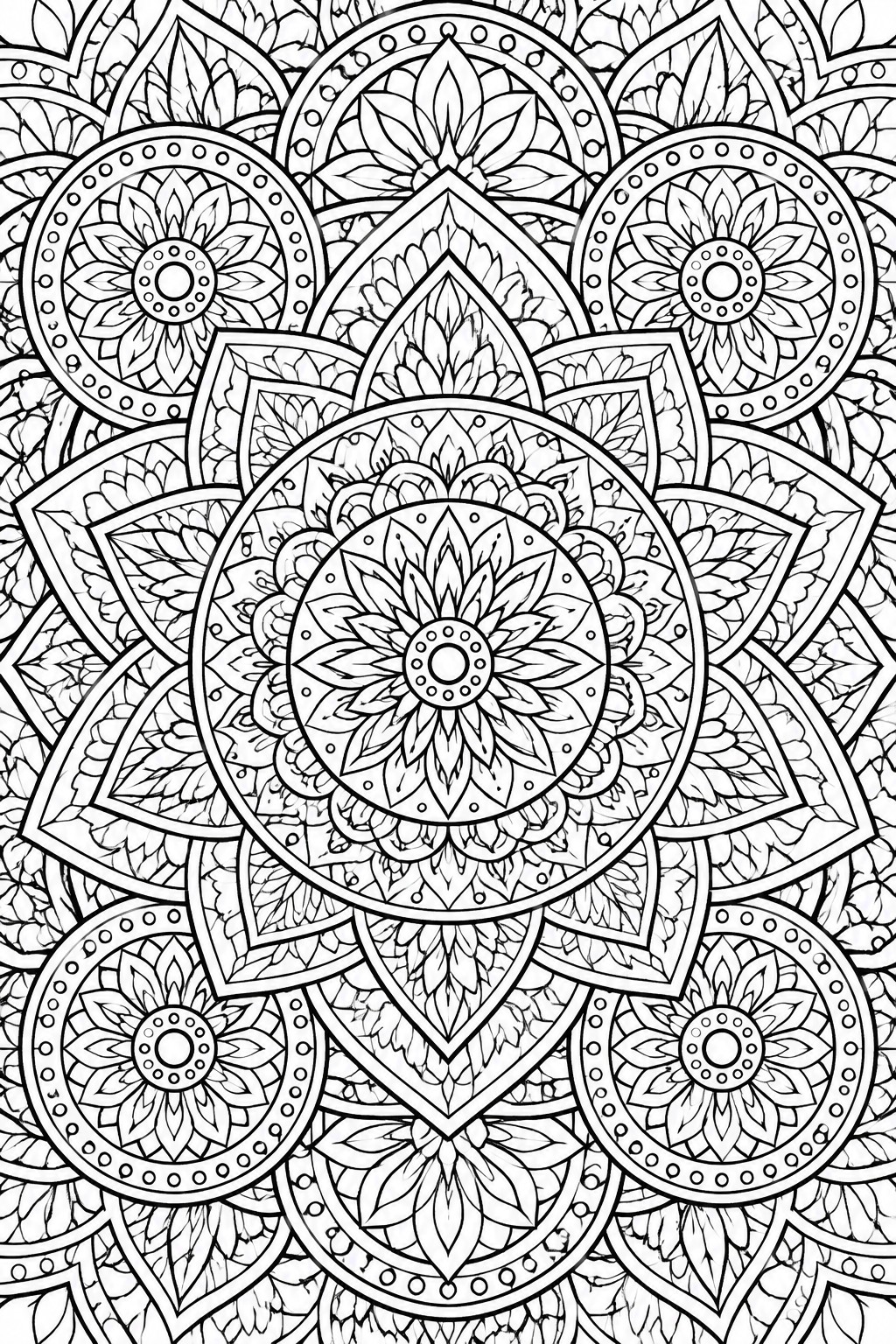 Intricate black-and-white mandala with layered floral and geometric patterns for coloring.