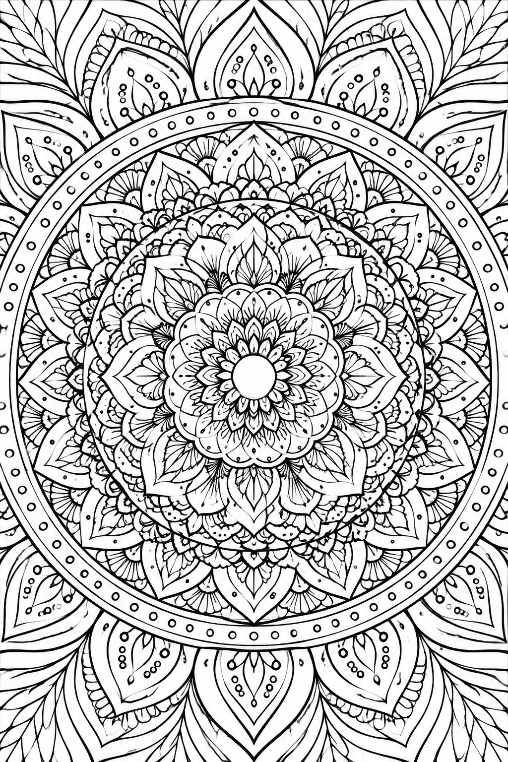 Intricate black and white mandala with layered floral petals, leaves, and dotted borders.