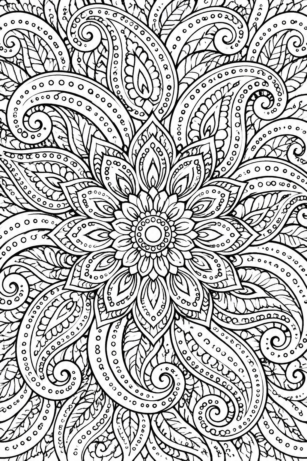 Intricate black-and-white mandala with central flower, paisley swirls, and dotted patterns