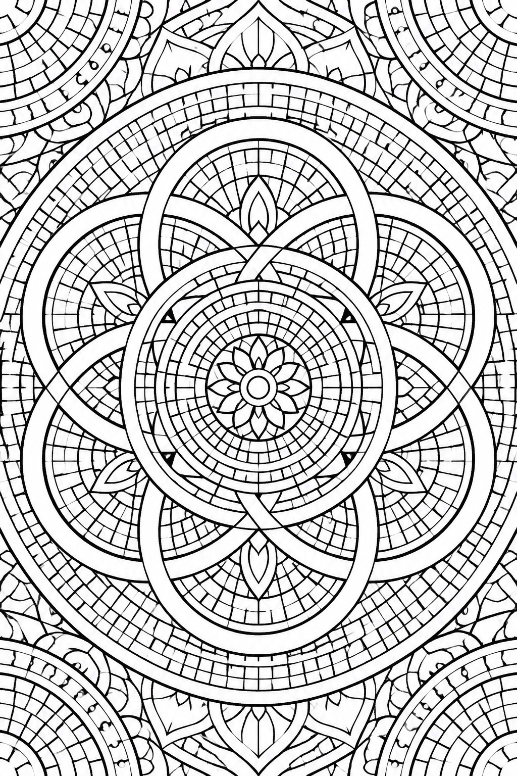 Intricate black-and-white mandala with concentric circles, interlocking rings, and floral motifs