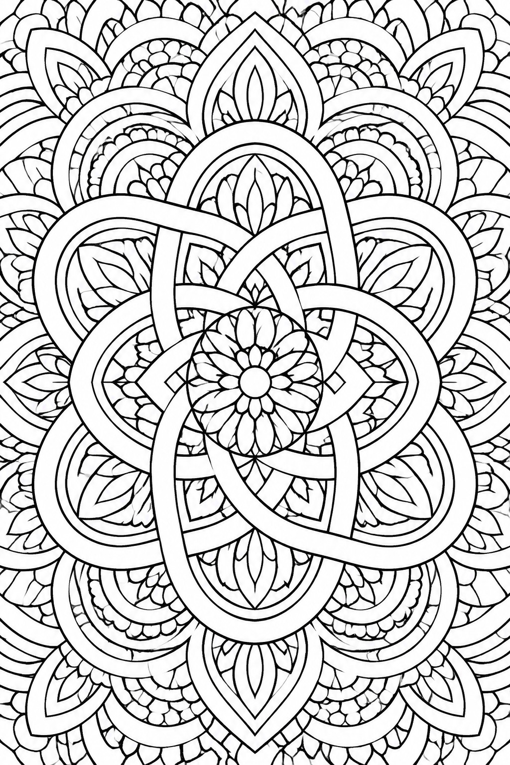 Intricate black-and-white mandala with layered floral patterns and interwoven loops