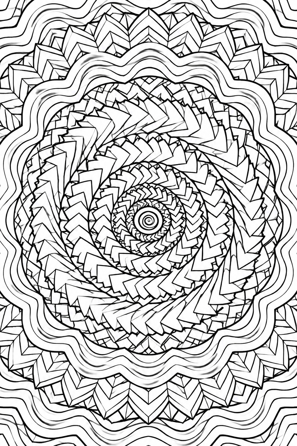 Intricate black-and-white spiral mandala with layered geometric triangles and wavy lines.